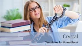  Presentation with worried young female college student - Colorful PPT layouts enhanced with young-teenage-female-student-preparing backdrop and a light blue colored foreground