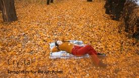  Presentation with multicolored autumn leaves orange yellow red - Slide set with young-teenage-girl-is-lying background and a red colored foreground