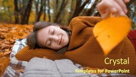  Presentation with multicolored autumn leaves orange yellow red - Theme enhanced with young-teenage-girl-is-lying and a tawny brown colored foreground