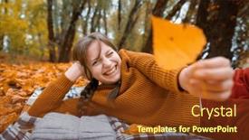  Presentation with multicolored autumn leaves orange yellow red - Presentation having young-teenage-girl-is-lying and a tawny brown colored foreground
