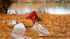  Presentation with multicolored autumn leaves orange yellow red - PPT theme featuring young-teenage-girl-is-lying background and a gold colored foreground