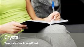  Presentation with note book - Colorful slide deck enhanced with young teenage woman writing backdrop and a gray colored foreground