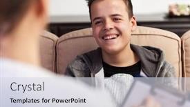  Presentation with counseling - Slide set consisting of young teenager boy laughing at counseling professional in foreground not taking it seriously deny and underrate the importance - close up background and a sky blue colored foreground