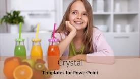  Presentation with juices - Amazing PPT theme having young-teenager-girl-sitting backdrop and a coral colored foreground
