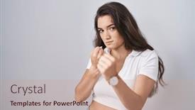  Presentation with defense - PPT layouts with young-teenager-girl-standing-over background and a coral colored foreground