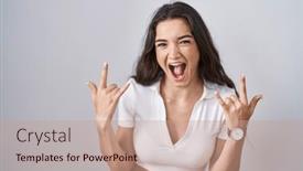  Presentation with rock music - PPT theme featuring young-teenager-girl-standing-over background and a coral colored foreground