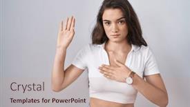  Presentation with hand palm - PPT theme featuring young-teenager-girl-standing-over background and a coral colored foreground