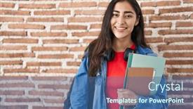  Presentation with happy young student girl holding - Slide set featuring young-teenager-girl-wearing-student background and a  colored foreground