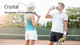  Presentation with benefits of drinking water - PPT theme consisting of young tennis couple drinking water background and a white colored foreground