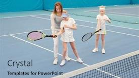  Presentation with consulting - Slide set consisting of young-tennis-trainer-in-activewear background and a light blue colored foreground