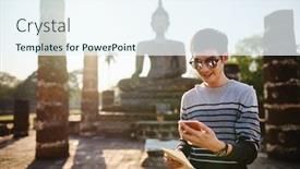  Presentation with thai - PPT theme with young-thai-male-tourist-using background and a sky blue colored foreground