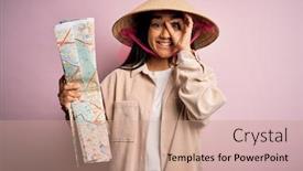  Presentation with asian map - Colorful slide set enhanced with young-thai-tourist-woman backdrop and a coral colored foreground