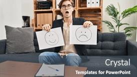  Presentation with happy sad face man - Slide deck consisting of young-therapist-man-working background and a  colored foreground