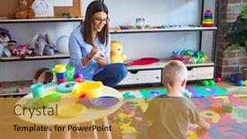  Presentation with behaviour - Presentation design consisting of woman speaking with child counselor background and a gold colored foreground