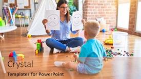  Presentation with woman child - Beautiful PPT theme featuring young therapist woman speaking with child counselor and behaviour correction at the office showing happy and sad face backdrop and a coral colored foreground