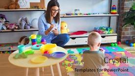  Presentation with behaviour - PPT theme featuring young therapist woman speaking with child counselor and behaviour correction at the office around toys background and a coral colored foreground