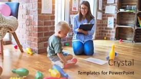  Presentation with behaviour - PPT theme with woman speaking with child counselor background and a coral colored foreground