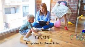  Presentation with behaviour - Slide set having young therapist woman speaking with child counselor and behaviour correction at the office around toys background and a coral colored foreground