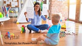  Presentation with behaviour - Presentation theme having young therapist woman speaking with child counselor and behaviour correction at the office showing happy and sad face background and a coral colored foreground