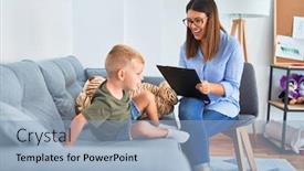  Presentation with behaviour - Colorful presentation design enhanced with young-therapist-woman-speaking backdrop and a light blue colored foreground