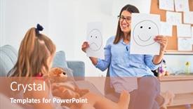  Presentation with sad child - Colorful presentation design enhanced with young-therapist-woman-speaking backdrop and a coral colored foreground