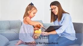  Presentation with behaviour - Cool new slide deck with young-therapist-woman-speaking backdrop and a teal colored foreground