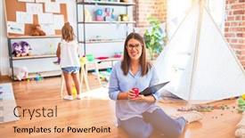  Presentation with taking notes - Audience pleasing PPT theme consisting of young-therapist-woman-speaking backdrop and a coral colored foreground