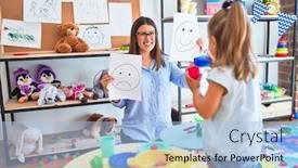  Presentation with behaviour - Cool new presentation theme with young-therapist-woman-speaking backdrop and a light blue colored foreground