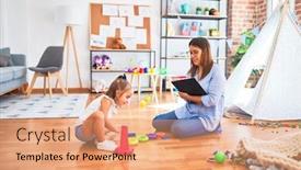  Presentation with taking notes - Colorful PPT theme enhanced with young-therapist-woman-speaking backdrop and a coral colored foreground