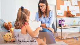  Presentation with taking notes - Amazing theme having young-therapist-woman-speaking backdrop and a coral colored foreground