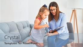  Presentation with taking notes - Cool new PPT theme with young-therapist-woman-speaking backdrop and a light blue colored foreground