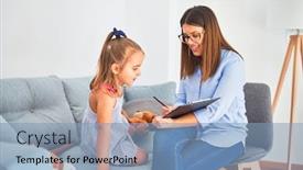  Presentation with taking notes - PPT theme having young-therapist-woman-speaking background and a light blue colored foreground