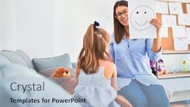  Presentation with sad child - Slides enhanced with young-therapist-woman-speaking background and a light blue colored foreground