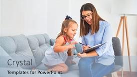  Presentation with taking notes - Cool new slides with young-therapist-woman-speaking backdrop and a light blue colored foreground