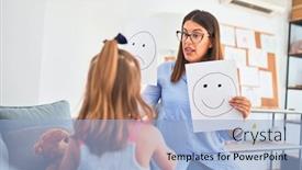  Presentation with behaviour - Presentation design with young-therapist-woman-speaking background and a light blue colored foreground