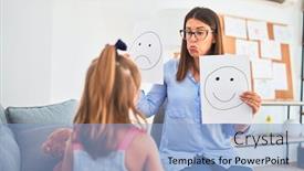  Presentation with sad child - Slide deck consisting of young-therapist-woman-speaking background and a light blue colored foreground