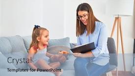  Presentation with behaviour - Audience pleasing slides consisting of young-therapist-woman-speaking backdrop and a light blue colored foreground
