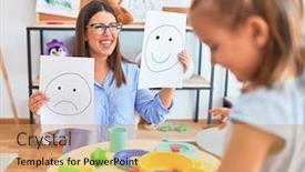  Presentation with sad child - PPT theme enhanced with young-therapist-woman-speaking background and a yellow colored foreground