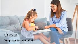  Presentation with taking notes - Slide deck having young-therapist-woman-speaking background and a light blue colored foreground