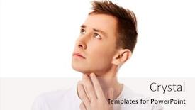  Presentation with thinking - PPT layouts featuring young thinking man looks up with hand near face background and a lemonade colored foreground