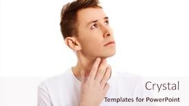  Presentation with thinking - PPT theme featuring young thinking man looks up with hand near face background and a lemonade colored foreground