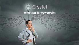  Presentation with thoughts - PPT theme with young thoughtful businesswoman and thoughts coming out of her head background and a gray colored foreground