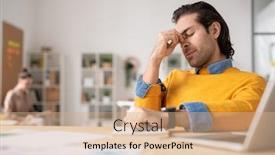  Presentation with front desk - Slides enhanced with young-tired-businessman-trying background and a coral colored foreground