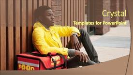  Presentation with road yellow - Slide set with young-tired-deliveryman-in-yellow background and a violet colored foreground