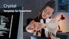  Presentation with minute - Slide set with young-tired-female-it-support background and a tawny brown colored foreground