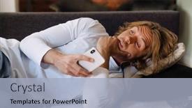  Presentation with headphones - Slide deck having young-tired-long-haired-man background and a light blue colored foreground