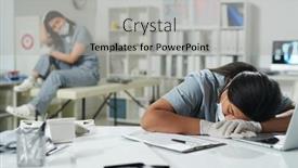  Presentation with front desk - PPT layouts featuring young-tired-mixed-race-female background and a light gray colored foreground