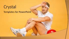  Presentation with ball sports - Amazing presentation theme having young tired sports man working out with fitness ball isolated on a orange background backdrop and a yellow colored foreground