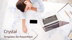  Presentation with office life - Colorful PPT theme enhanced with young tired woman at office backdrop and a sky blue colored foreground