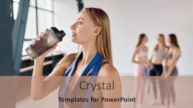  Presentation with group training - Presentation theme featuring young-tired-woman-drinking-water background and a coral colored foreground